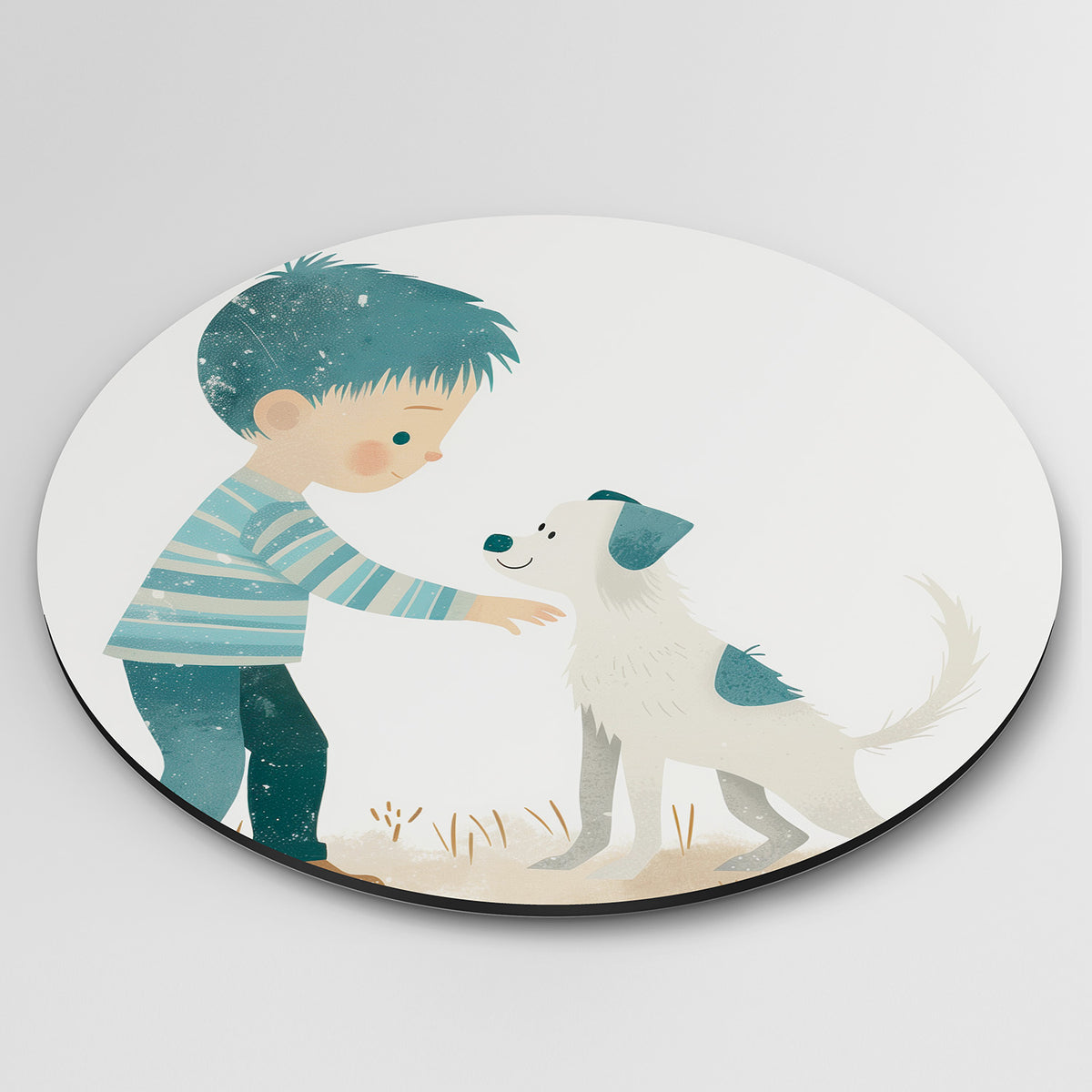 Jongen met hond Muurcirkel – detailweergave – Een jongen met blauw haar en een gestreepte trui streelt een witte hond met