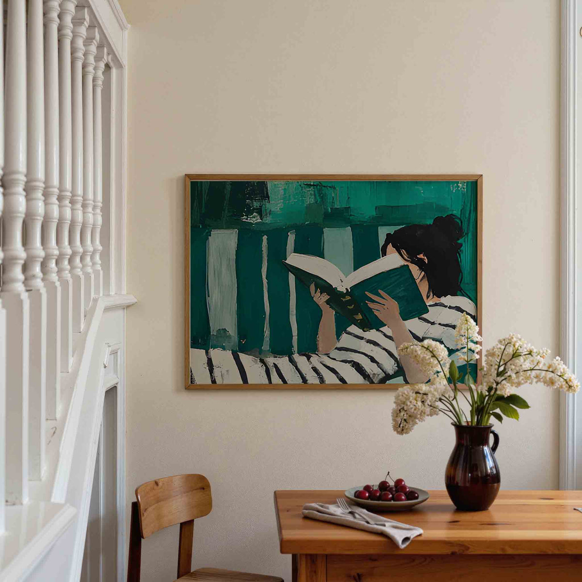 Lezende vrouw – liggende illustratie poster als wanddecoratie