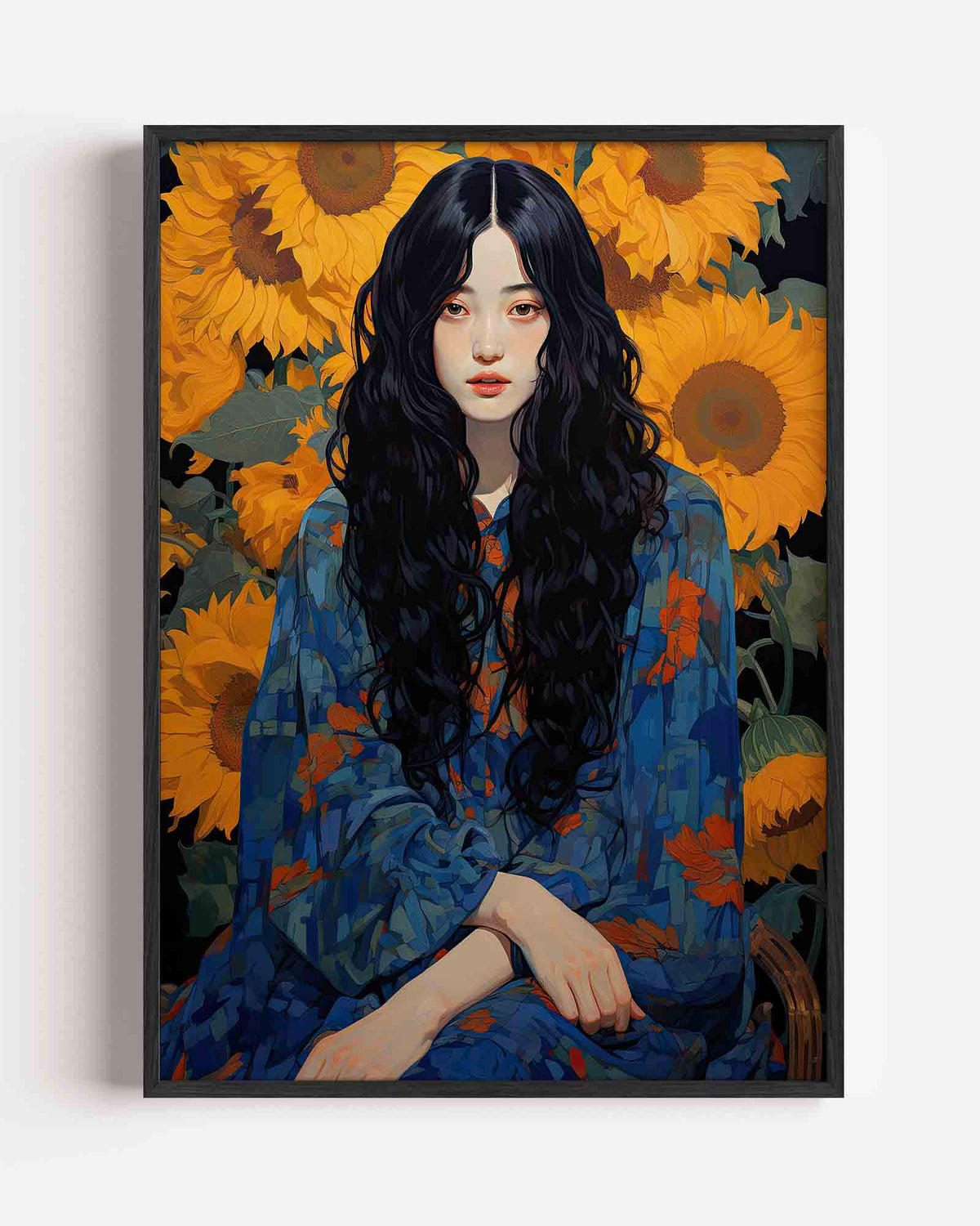 Vrouw met zonnebloemen – kleurrijke illustratie portret poster als wanddecoratie