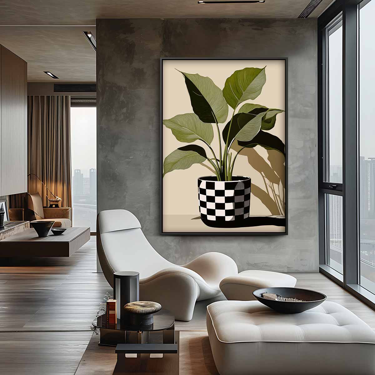 Checkered Plant Pot Art – canvas kunstwerk als wanddecoratie