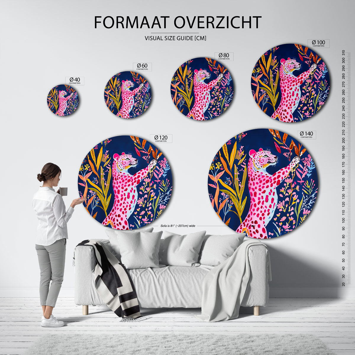 Roze luipaard met bloemen – ronde muurcirkel met kleurrijke illustratie