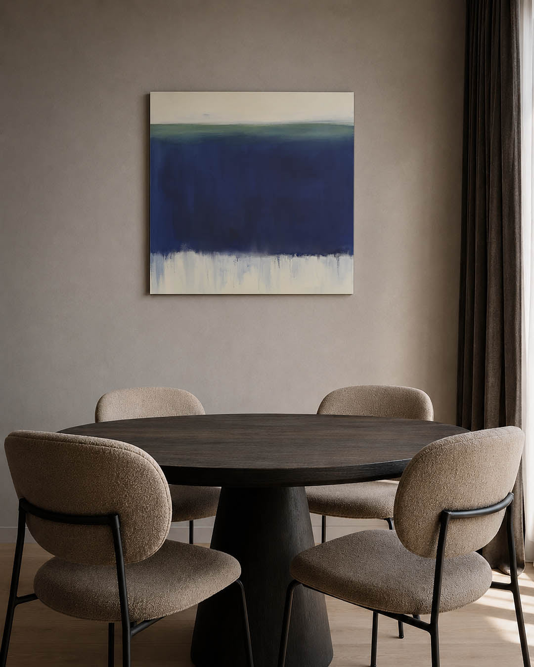 Horizontale kleurenlaag kunstwerk – tweede productweergave – dit werk toont een brede blauwe strook die de compositie
