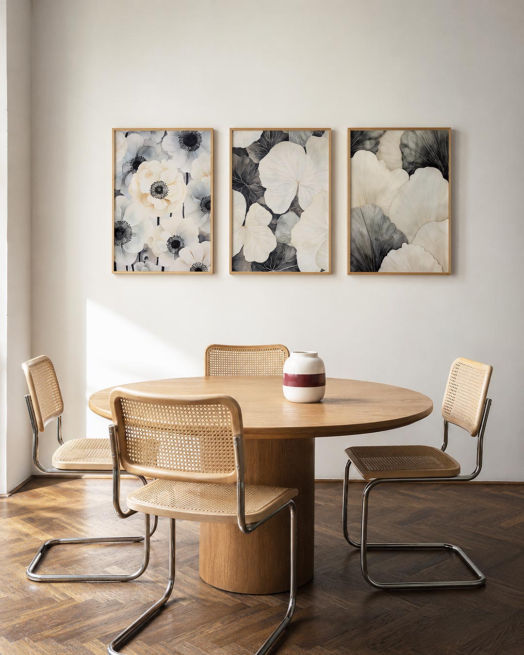 Bloemrijke harmonie driedelige posterset in interieur