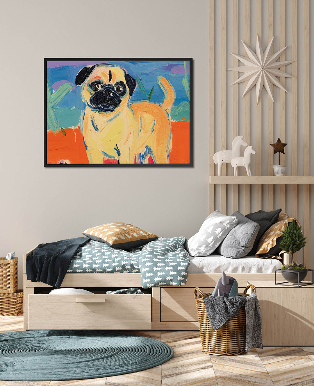 Kleurrijke hond – wanddecoratie in interieur
