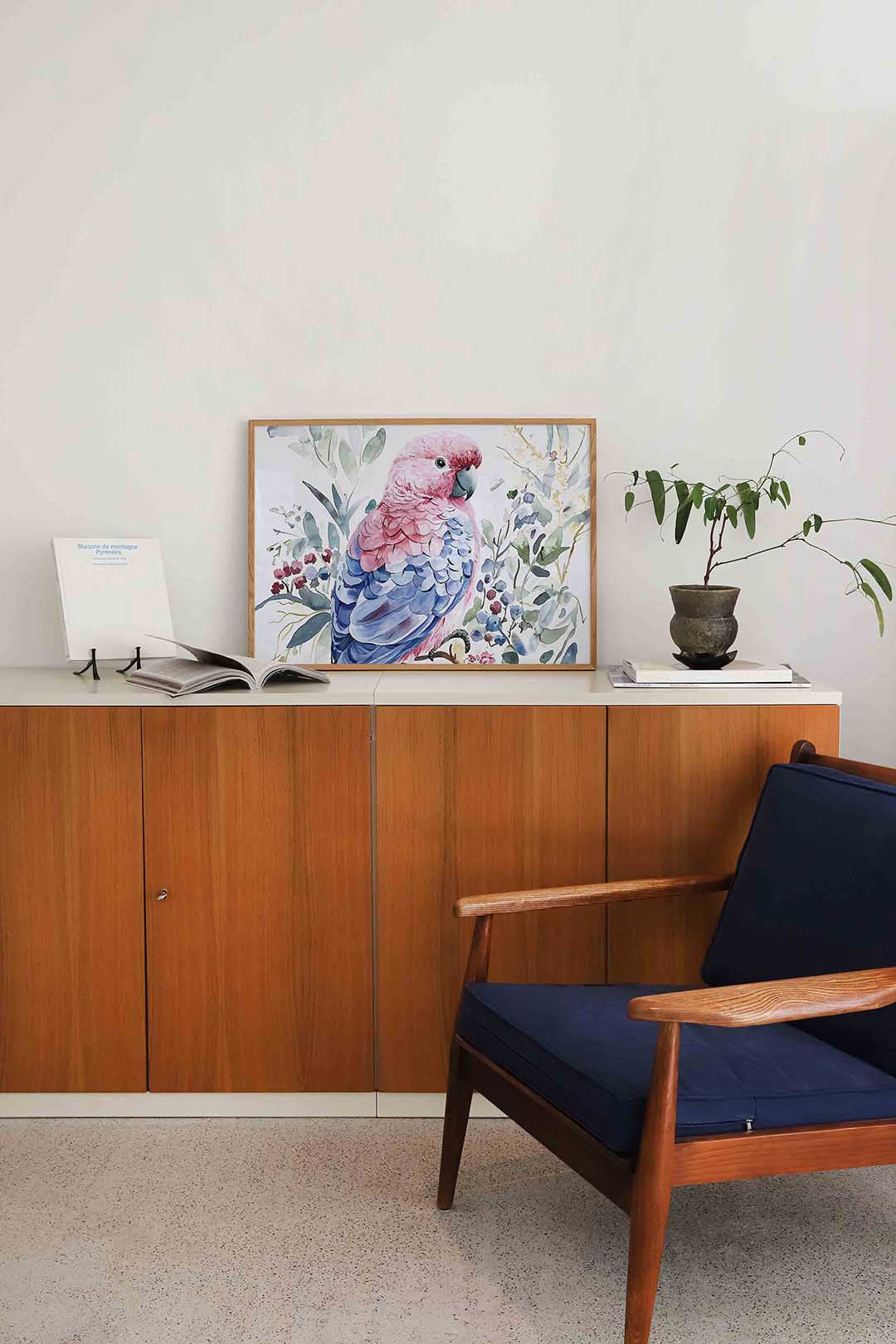 Papegaai en bladeren – liggende dieren wanddecoratie van WallArtistic