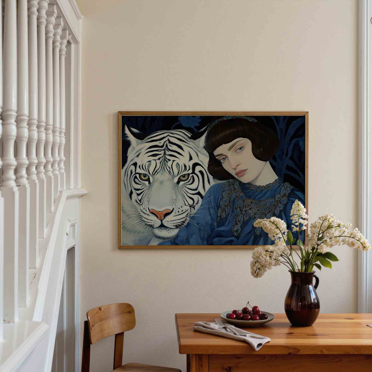 Witte tijger en vrouw – dieren poster in liggend formaat