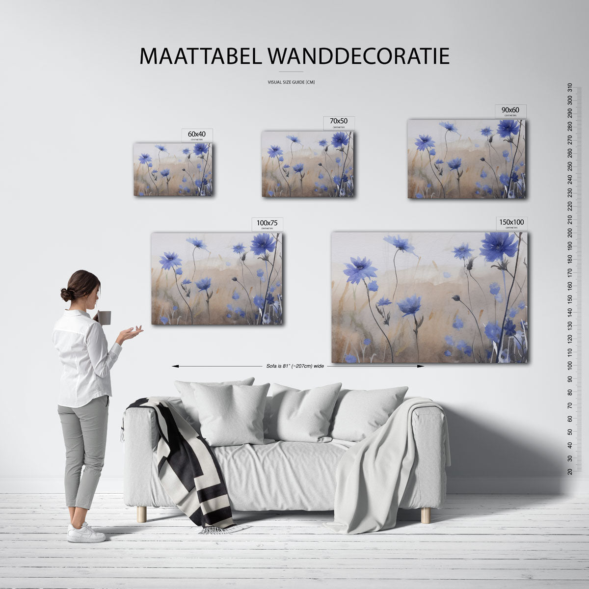 Bloemen in blauwtinten – Abstract kunstwerk – moderne liggende wanddecoratie