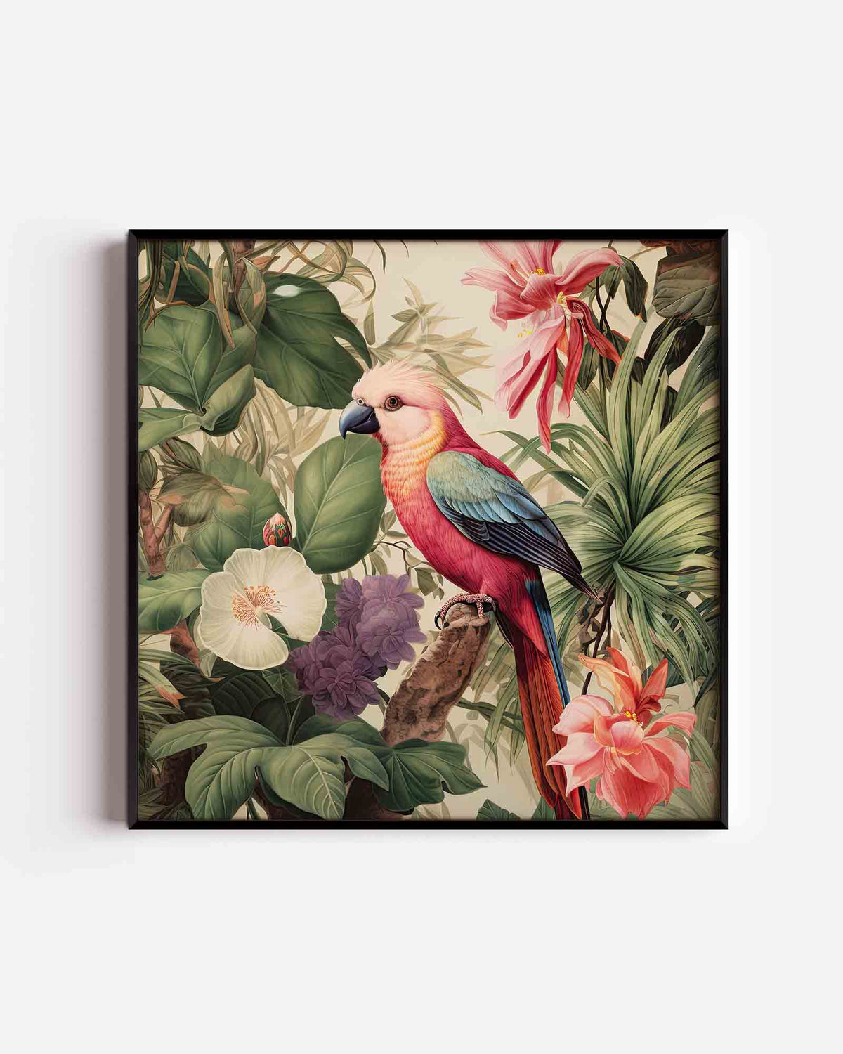 Papegaai en bloemen – jungle vierkante poster als wanddecoratie
