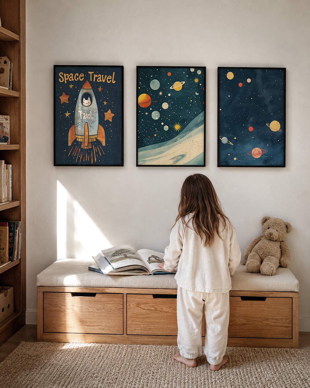 Ruimteavontuur illustratie posterset – derde productweergave – een speelse raket met een kat aan boord, omringd door