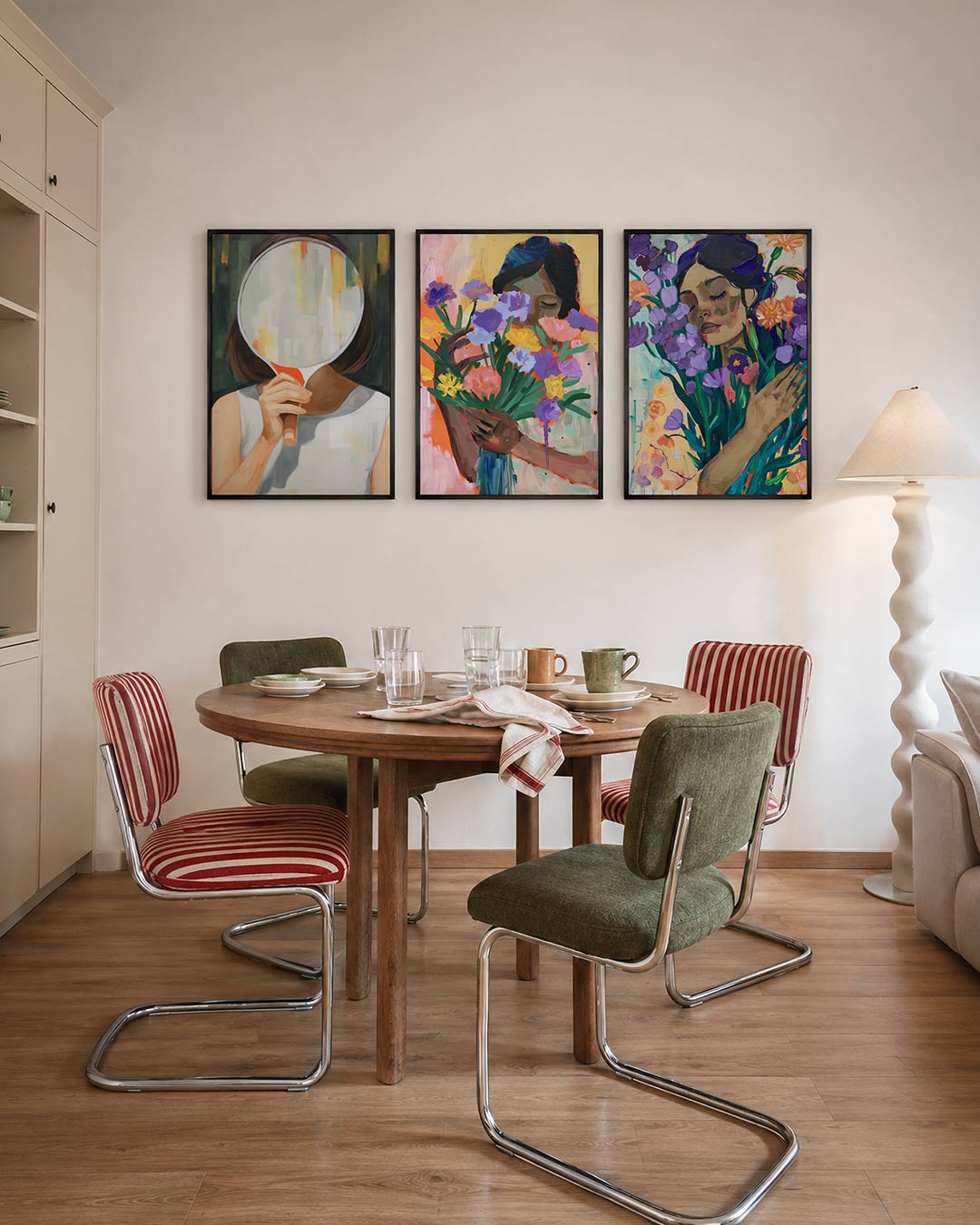 Spiegel en kleur driedelige posterset – een hand houdt een spiegel vast, reflecterend in zachte