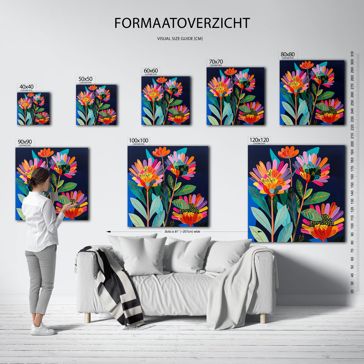 Bloemen en bladeren – vierkante muurposter met kleurrijke illustratie
