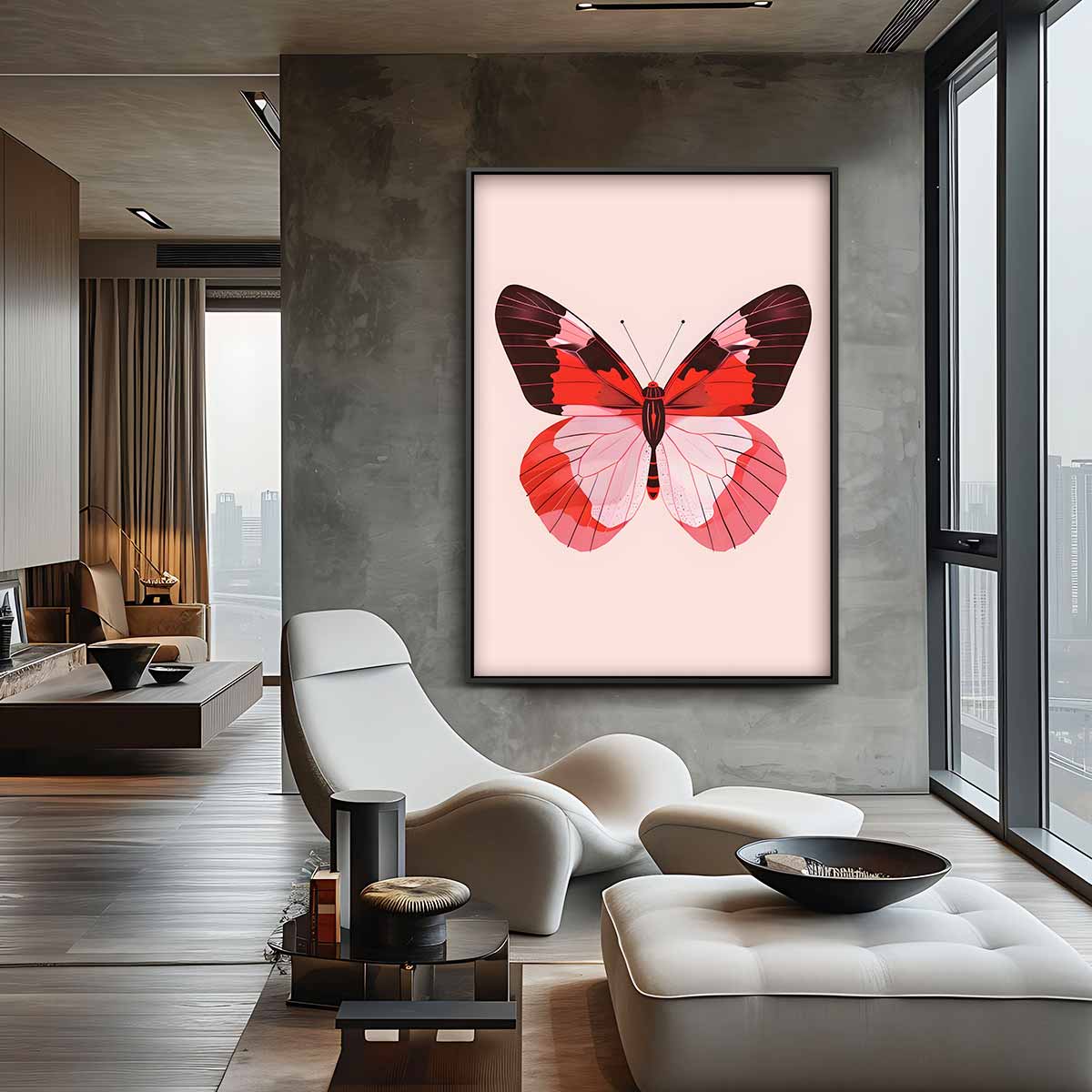 Rood-roze Vlinderpracht – staande wandkunst voor woonkamer of interieur