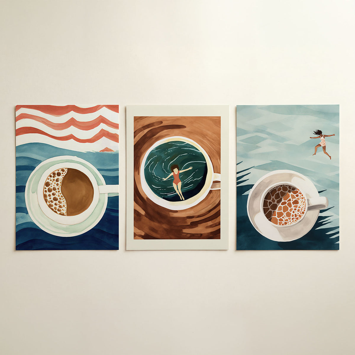 Golvend kleurenspel – driedelige posterset in interieur