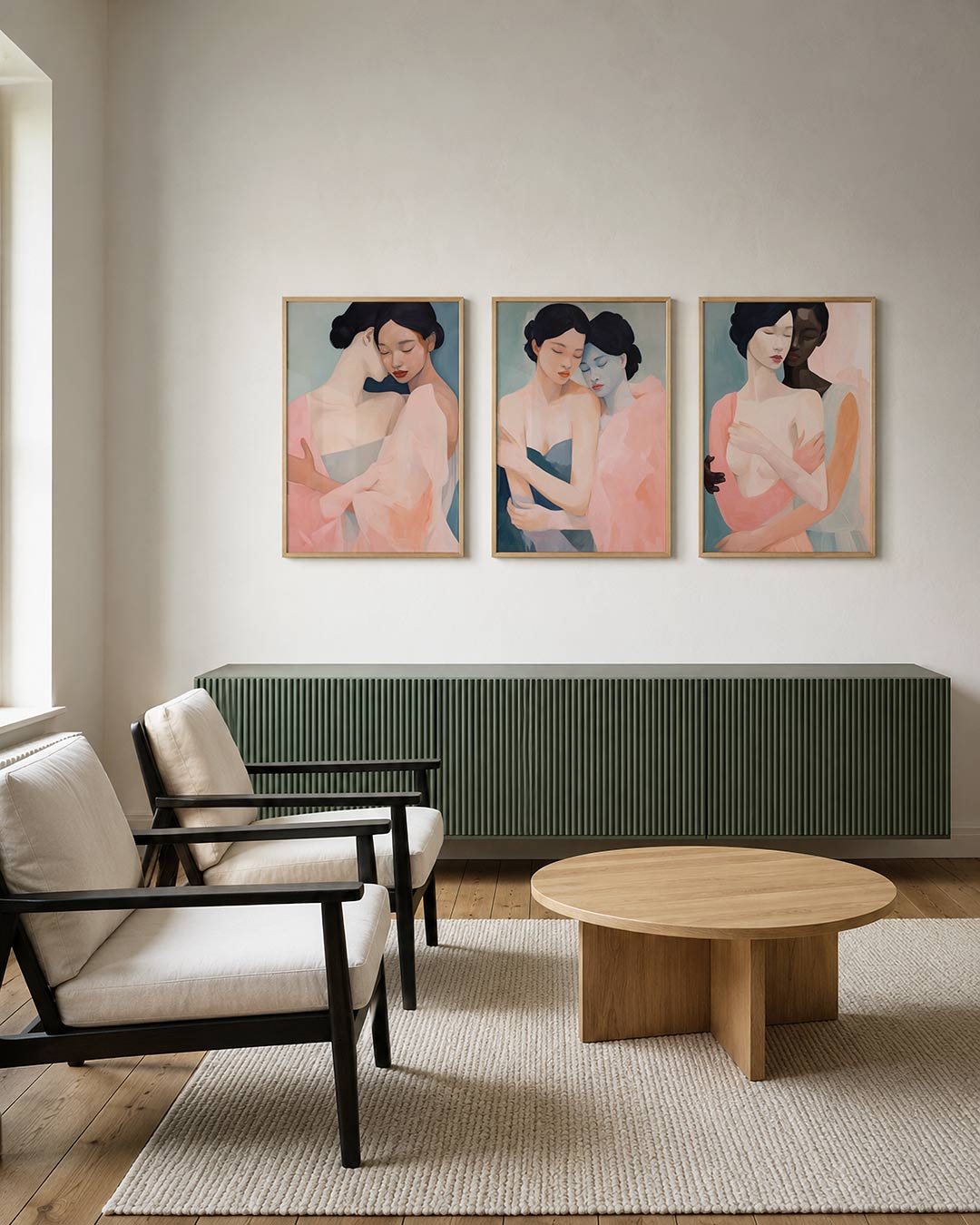 Zachte omhelzing posterset – derde productweergave – twee figuren in een omhelzing, omgeven door zachte pastelkleuren