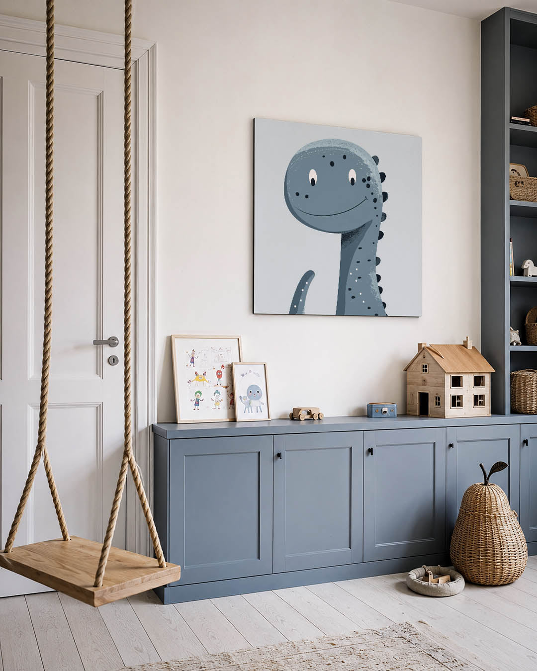Vrolijke dino illustratie kunstwerk – vierkante wanddecoratie – dit werk toont een glimlachende dinosaurus met een speelse