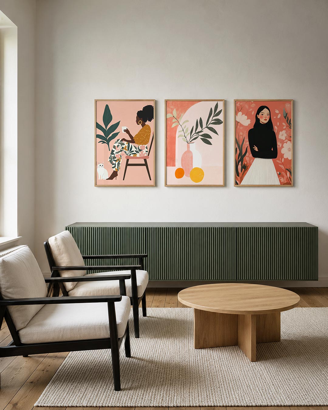 Kleurrijke rust posterset – tweede productweergave – een vrouw zit ontspannen met een kopje, omringd door een