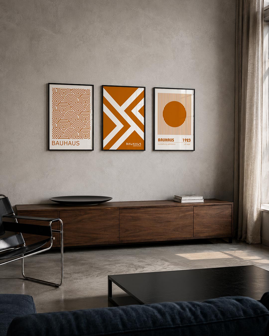 Lijnen en patronen posterset – tweede productweergave – deze posterset in drie delen toont een speels lijnenspel van oranje
