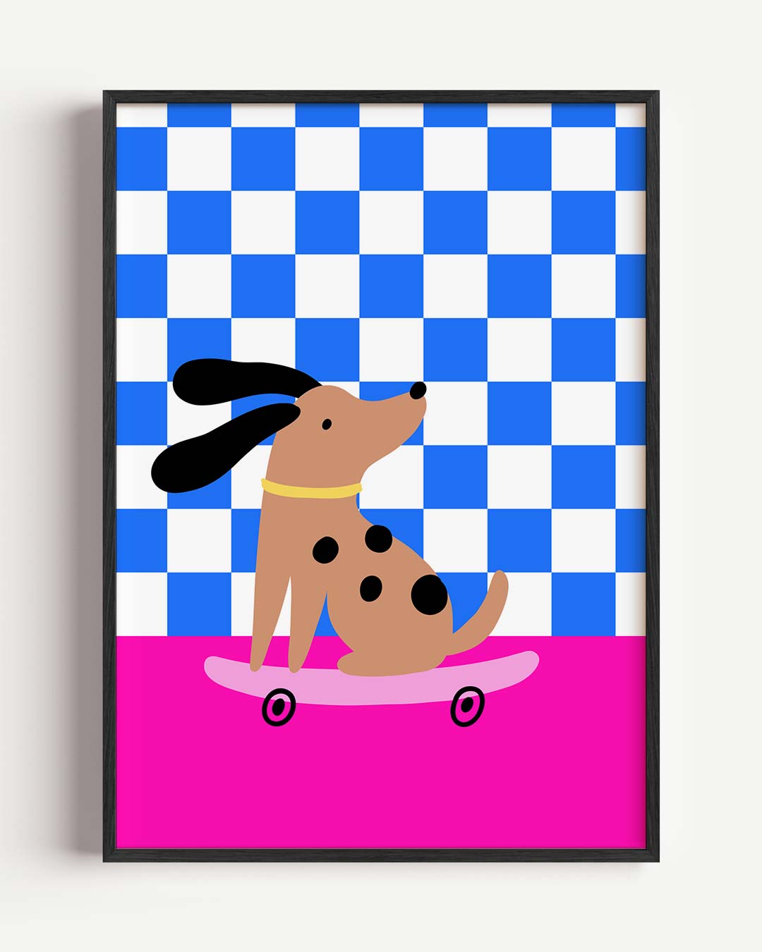 Vrolijke Hond op Skateboard – kids portret poster als wanddecoratie