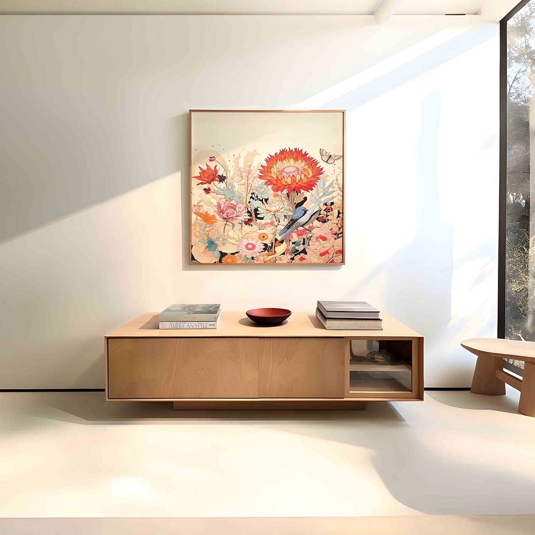 Bloemen en vogel – vierkante bloemen wanddecoratie van WallArtistic