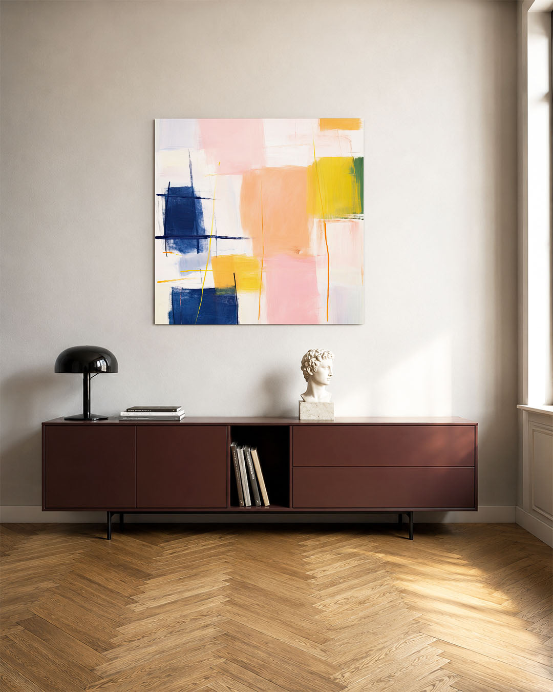 Kleurrijke vlakken kunstwerk – tweede productweergave – dit werk toont een compositie van overlappende rechthoeken en lijnen