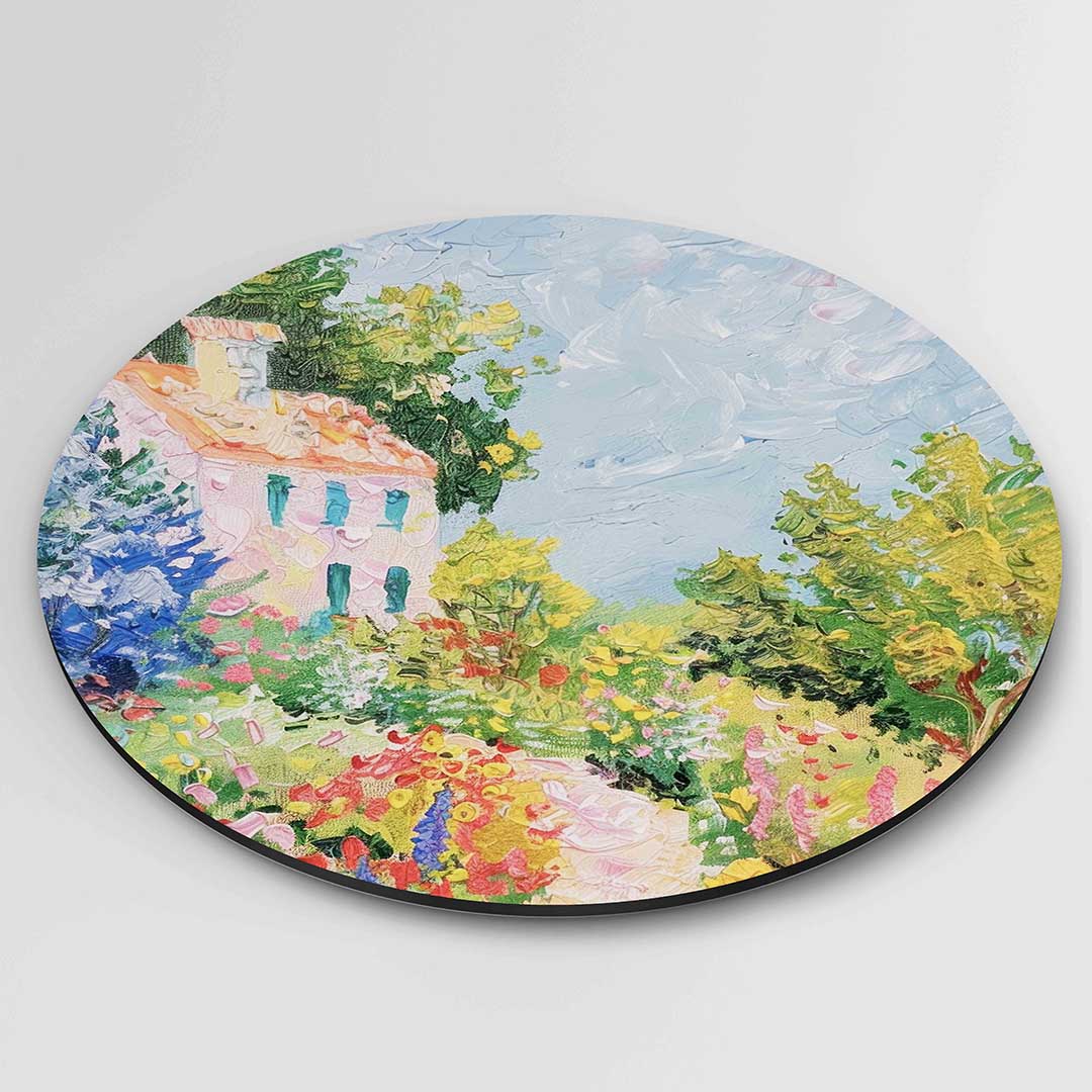 Huis en tuin – kleurrijke ronde wanddecoratie van WallArtistic