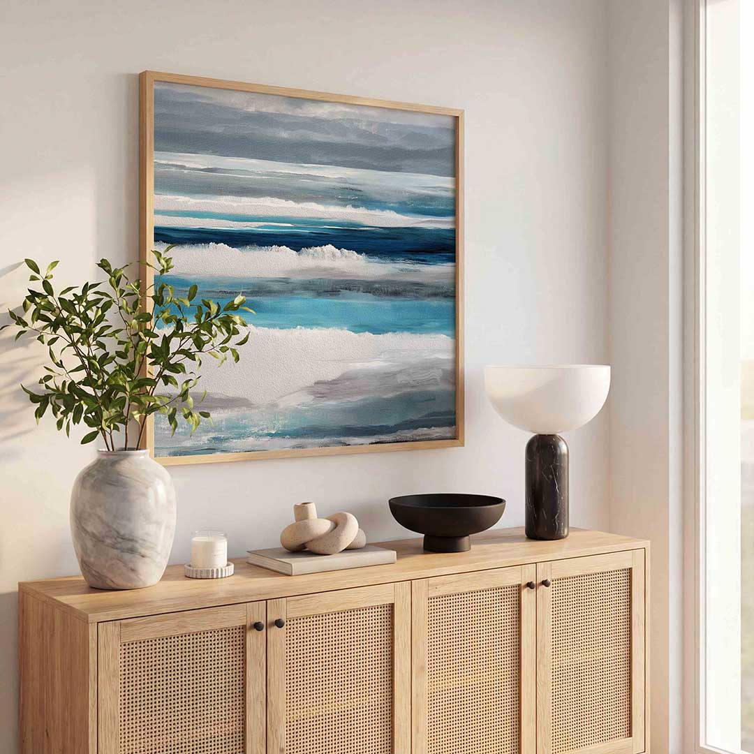 Golvende blauwe lijnen – abstracte wandkunst als vierkante poster