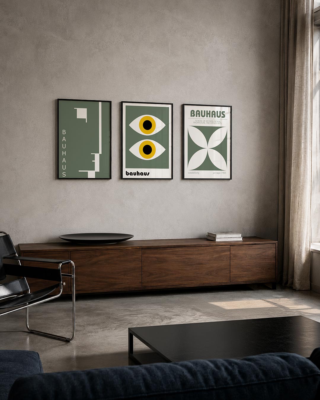 Strakke lijnenspel driedelige posterset – deze posterset in drie delen toont een harmonie van strakke lijnen en subtiele
