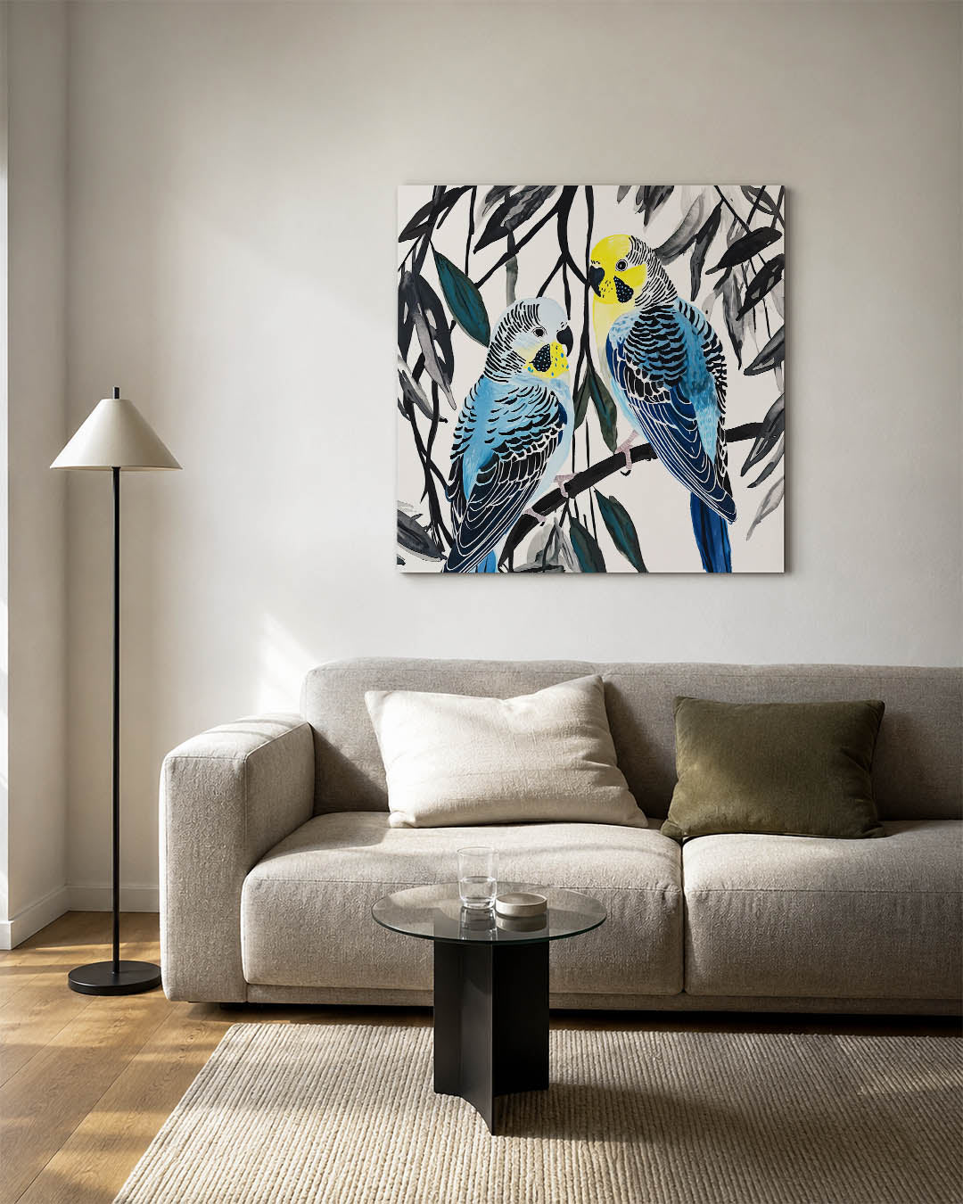 Vogels op tak kunstwerk – detailweergave – twee kleurrijke vogels zitten op een tak, omringd door bladeren. De compositie is