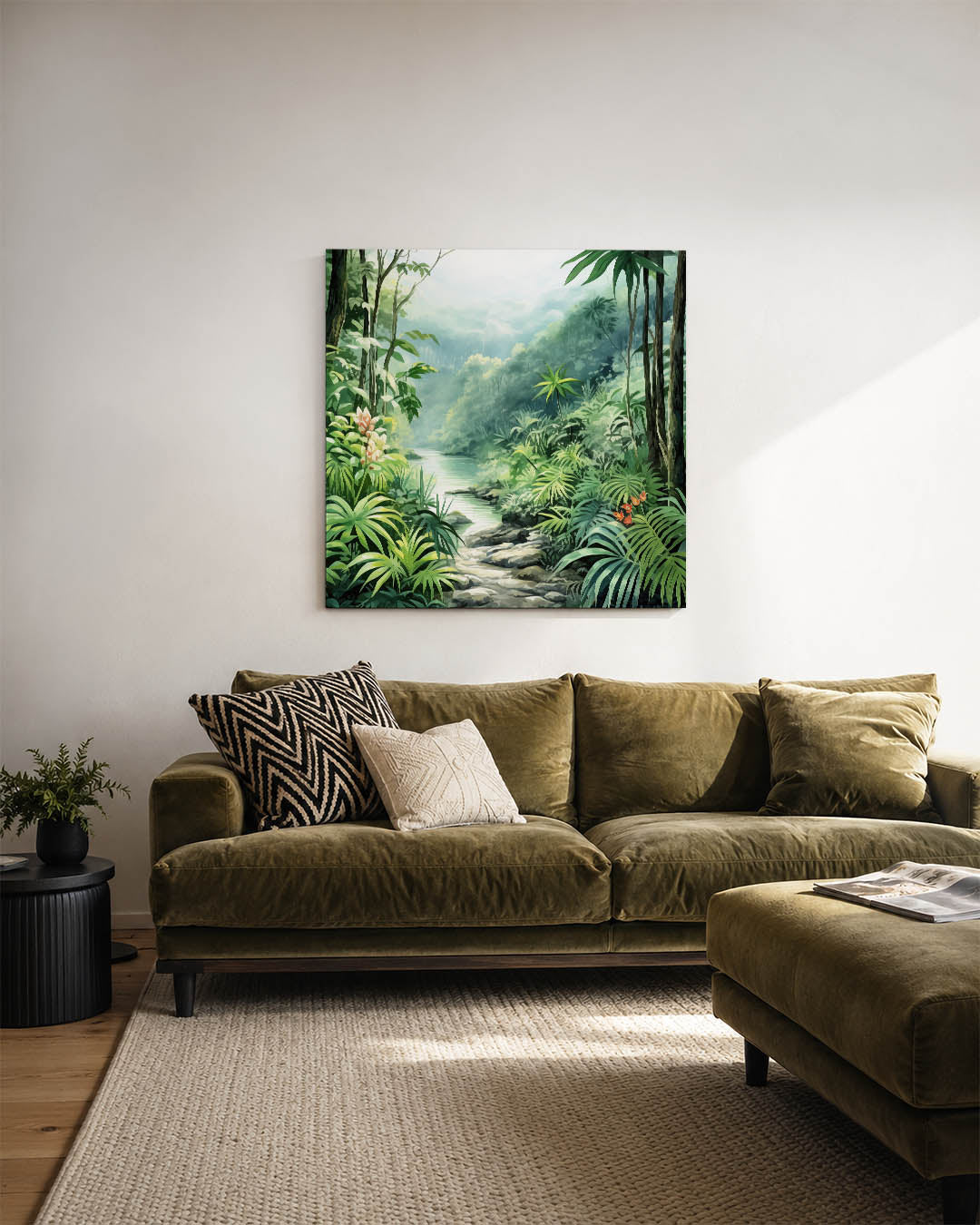 Weelderig boslandschap kunstwerk – sfeerbeeld – dit werk toont een weelderig bos met diverse groene tinten en een serene