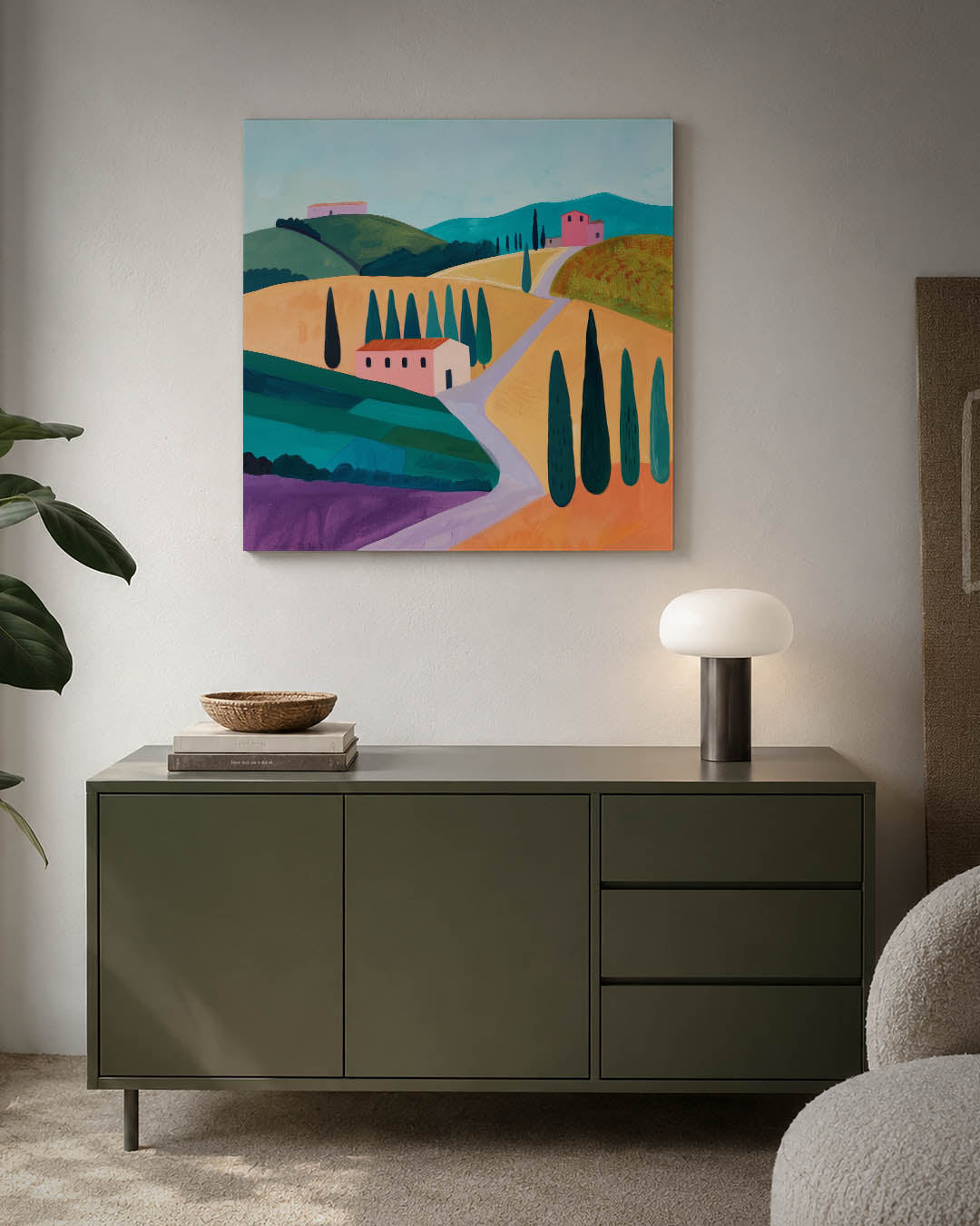 Landschap met heuvels kunstwerk – detailweergave – dit kunstwerk toont een kleurrijk landschap met glooiende heuvels en