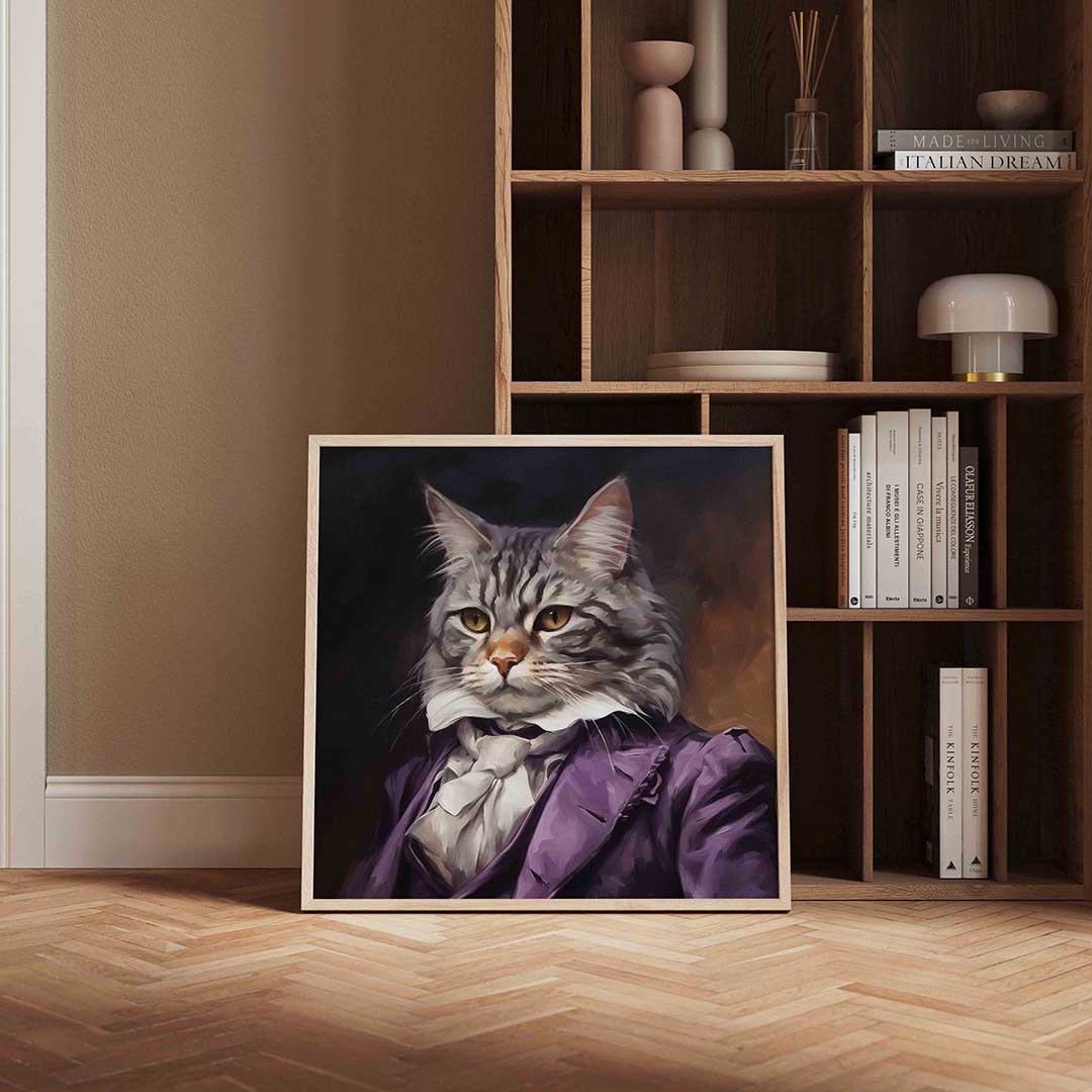 Kat in paarse outfit – moderne poster in vierkant formaat