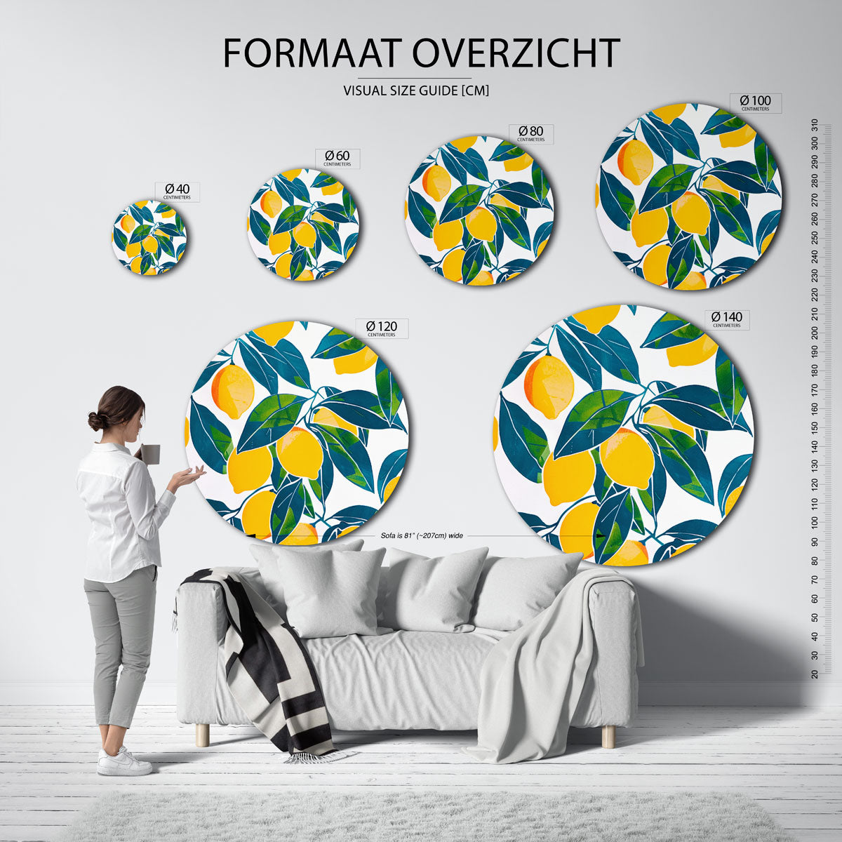 Citroenen en bladeren – abstracte wandkunst met textuur als muurcirkel