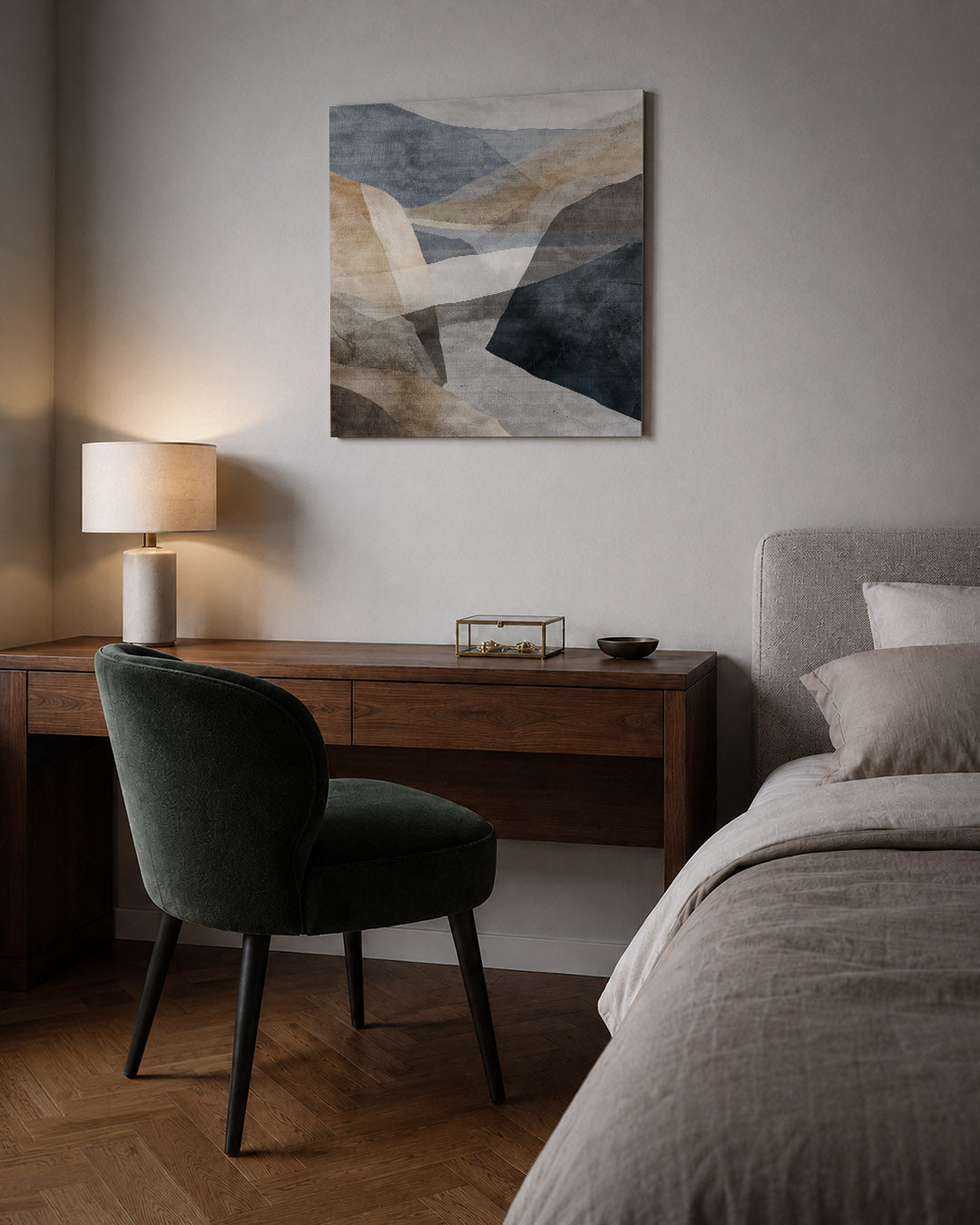Gelaagde landschap vormen kunstwerk – sfeerbeeld – dit werk toont overlappende vormen in zachte tinten. De compositie creëert