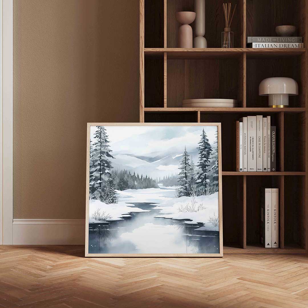 Winterlandschap met besneeuwde bomen – kerstposter in vierkant formaat