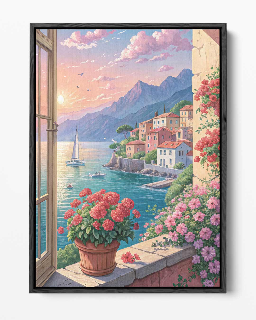 Mediterraans Uitzicht bij Zonsondergang – portret kunstwerk als wanddecoratie