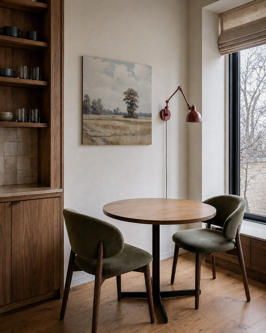 Rustige landschap weergave kunstwerk – derde productweergave – dit werk toont een uitgestrekt veld met verspreide bomen onder