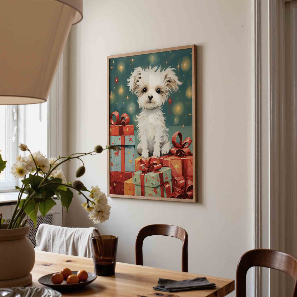 Hondje met cadeaus – kerstposter in staand formaat