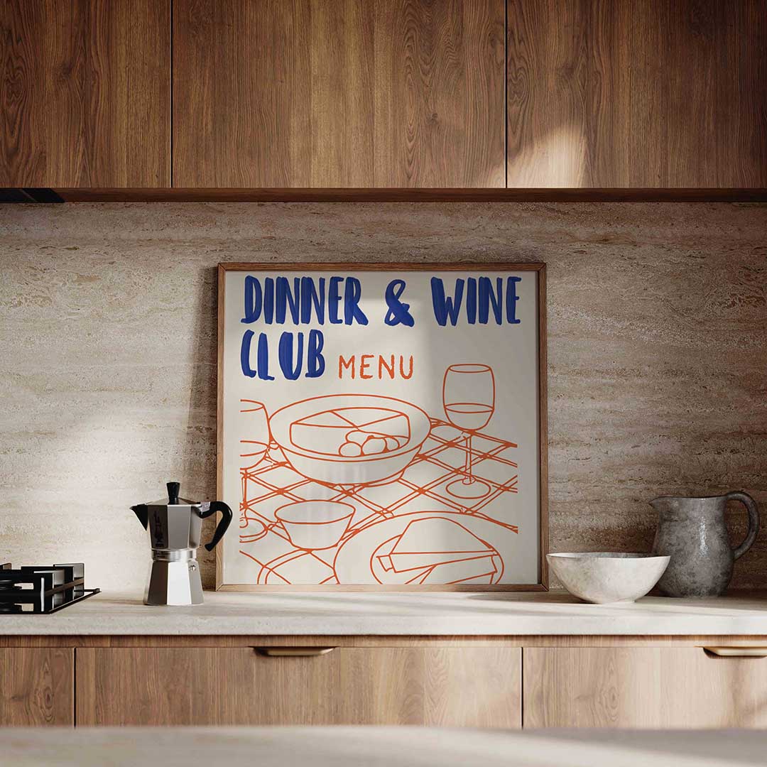 Dinner & wine club menu – culinaire wandkunst als vierkante poster