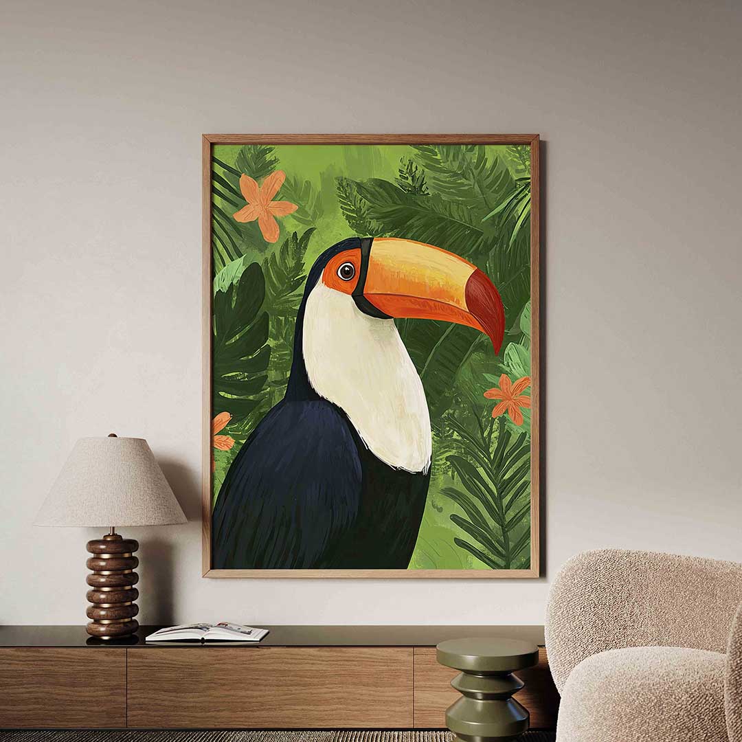Toekan met groene bladeren – dieren poster in staand formaat