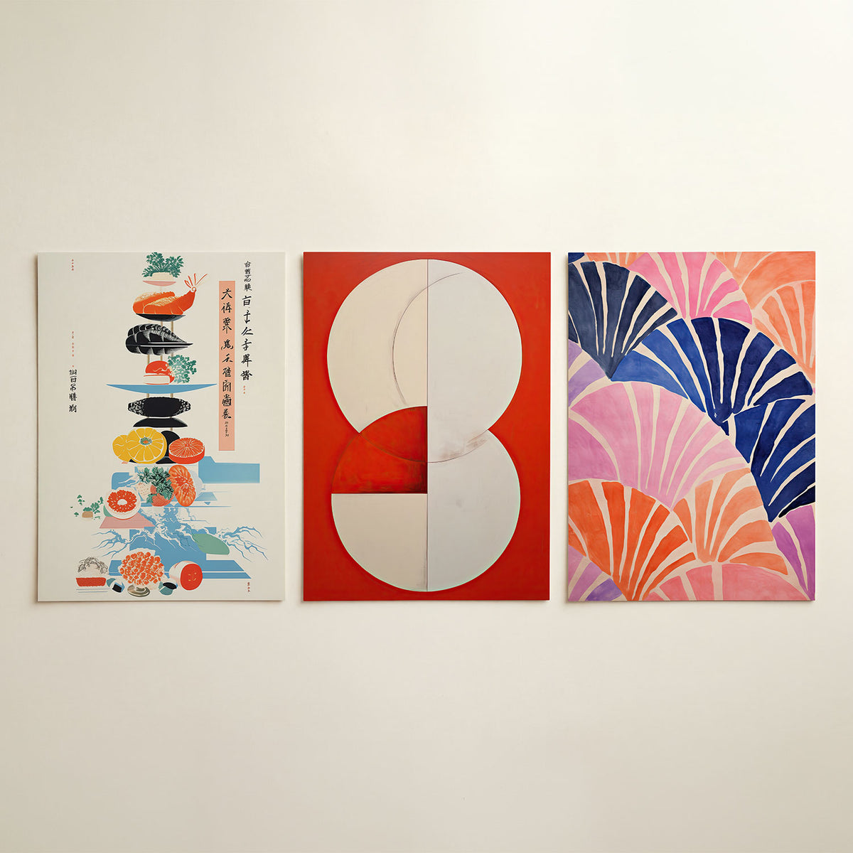 Kleurrijke stapeling driedelige posterset in interieur
