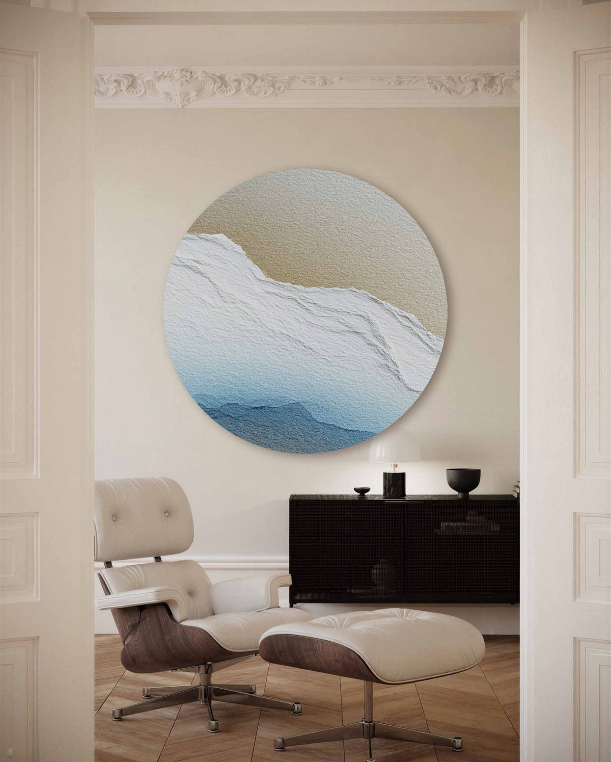 Landschap in blauw en beige – portret muurcirkel als ronde muurdecoratie