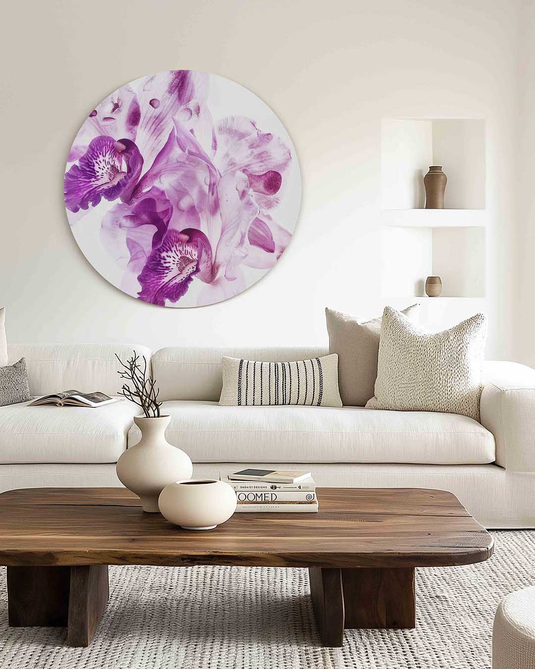 Paarse orchideeën – illustratie muurcirkel als ronde muurdecoratie