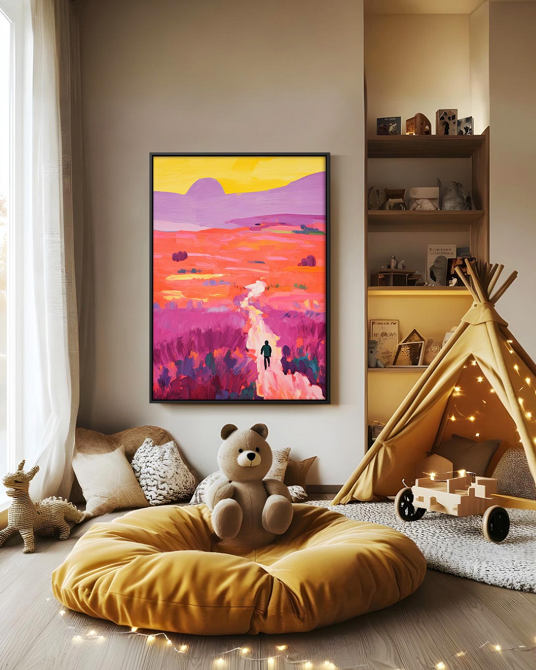 Kleurrijke landschap wandeling – decoratief kunstwerk voor aan de muur