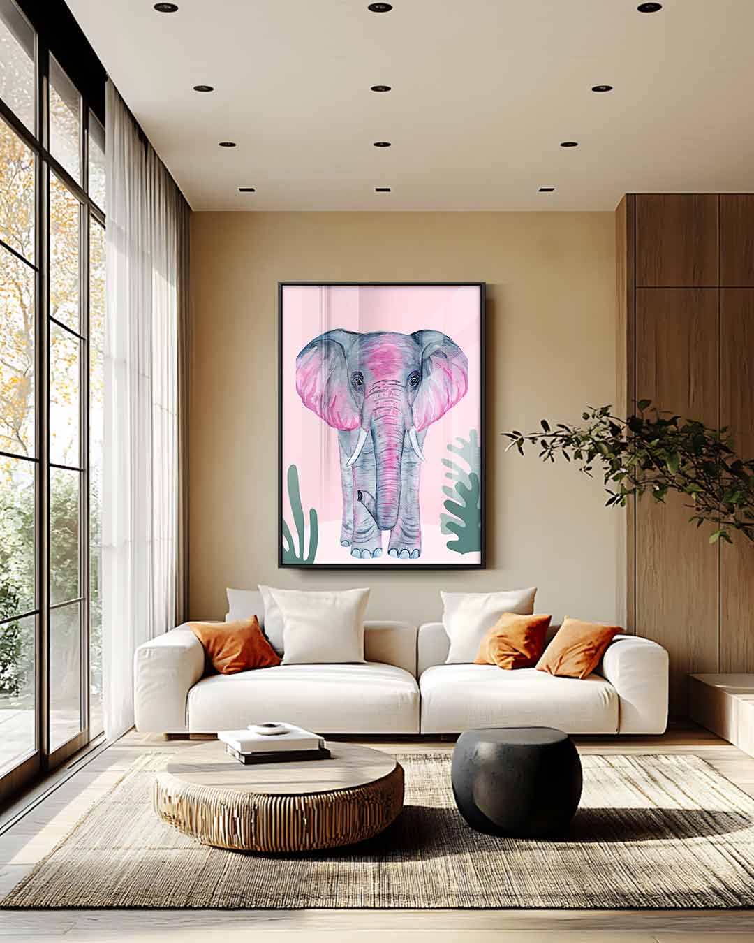 Roze Olifant op Roze Achtergrond – staand kunstwerk voor modern interieur