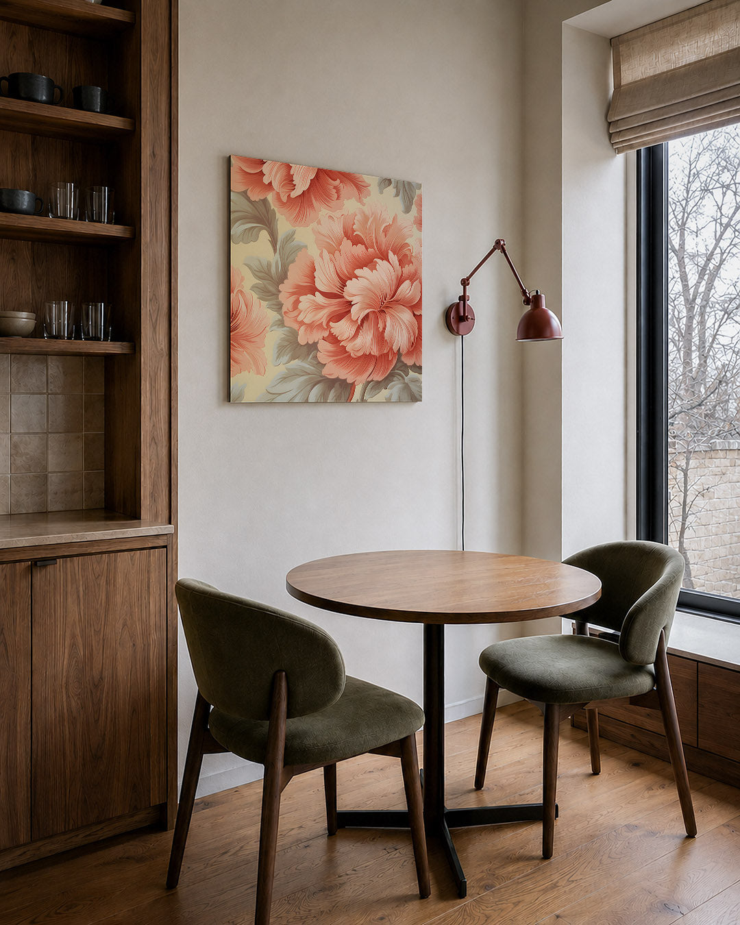 Bloemrijke compositie kunstwerk – derde productweergave – dit kunstwerk toont grote, gedetailleerde bloemen in warme tinten