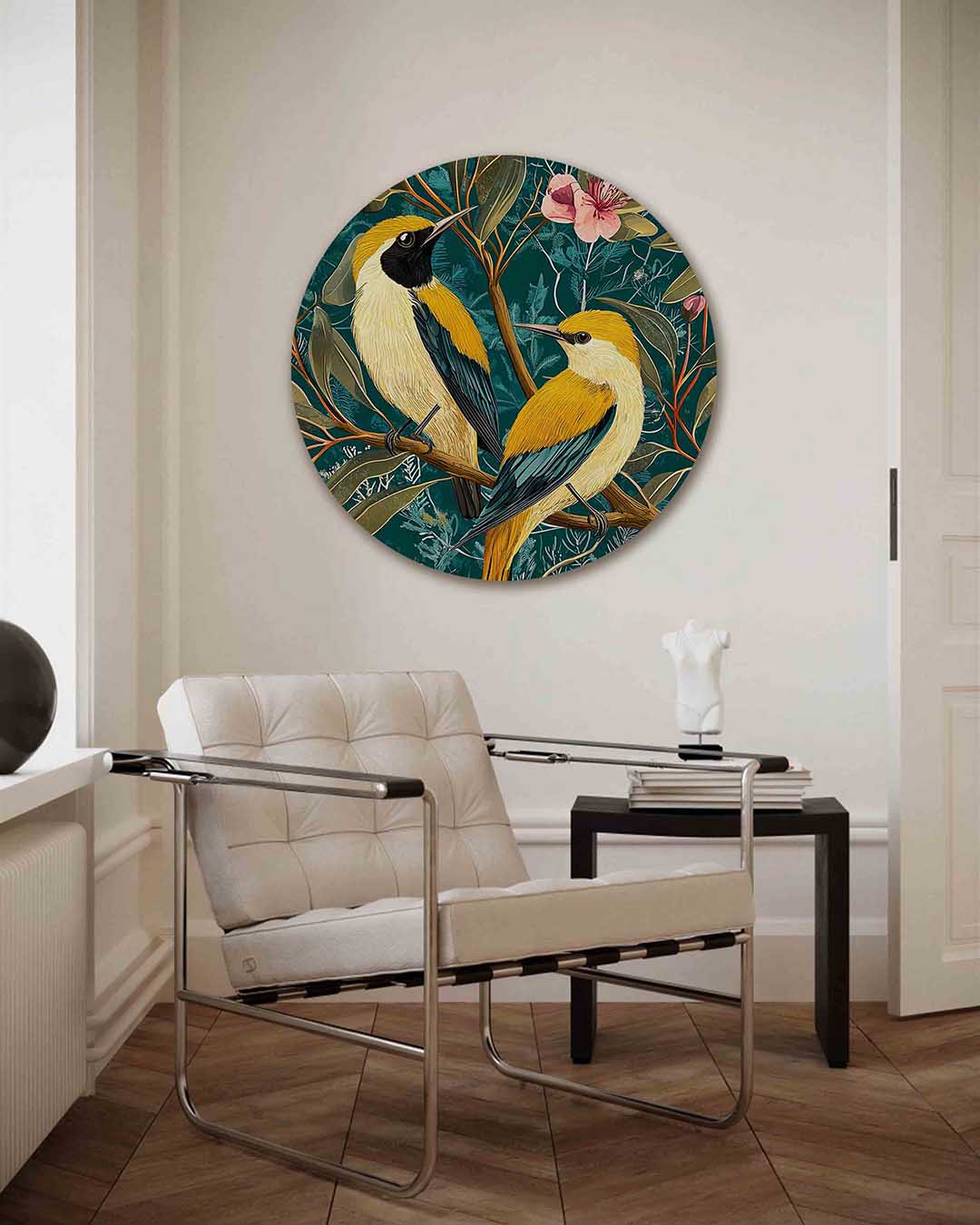 Vogels en bloemen – kleurrijke illustratie muurcirkel als wanddecoratie