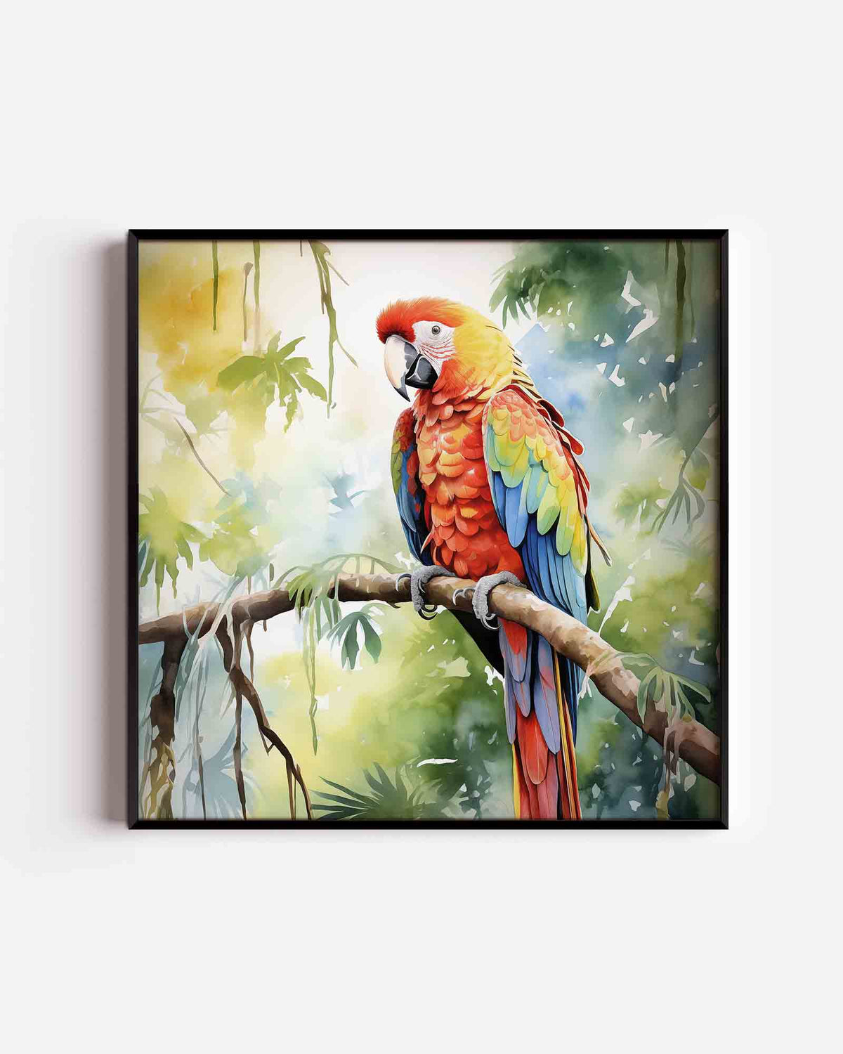 Papegaai op tak – jungle vierkante poster als wanddecoratie