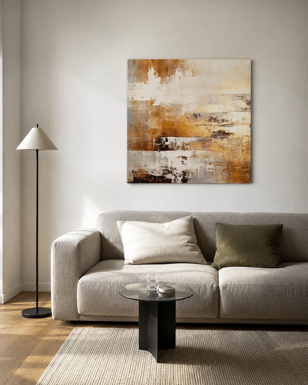 Gelaagde kleurencompositie kunstwerk – vierkante wanddecoratie – dit werk toont een dynamische mix van beige, bruin en wit