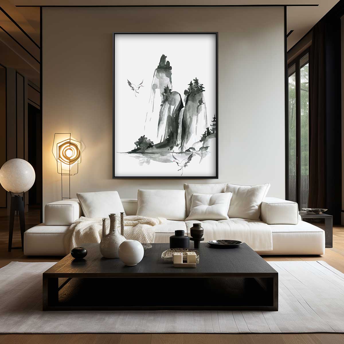 Monochrome Berglandschap – kunstwerk met zwarte baklijst