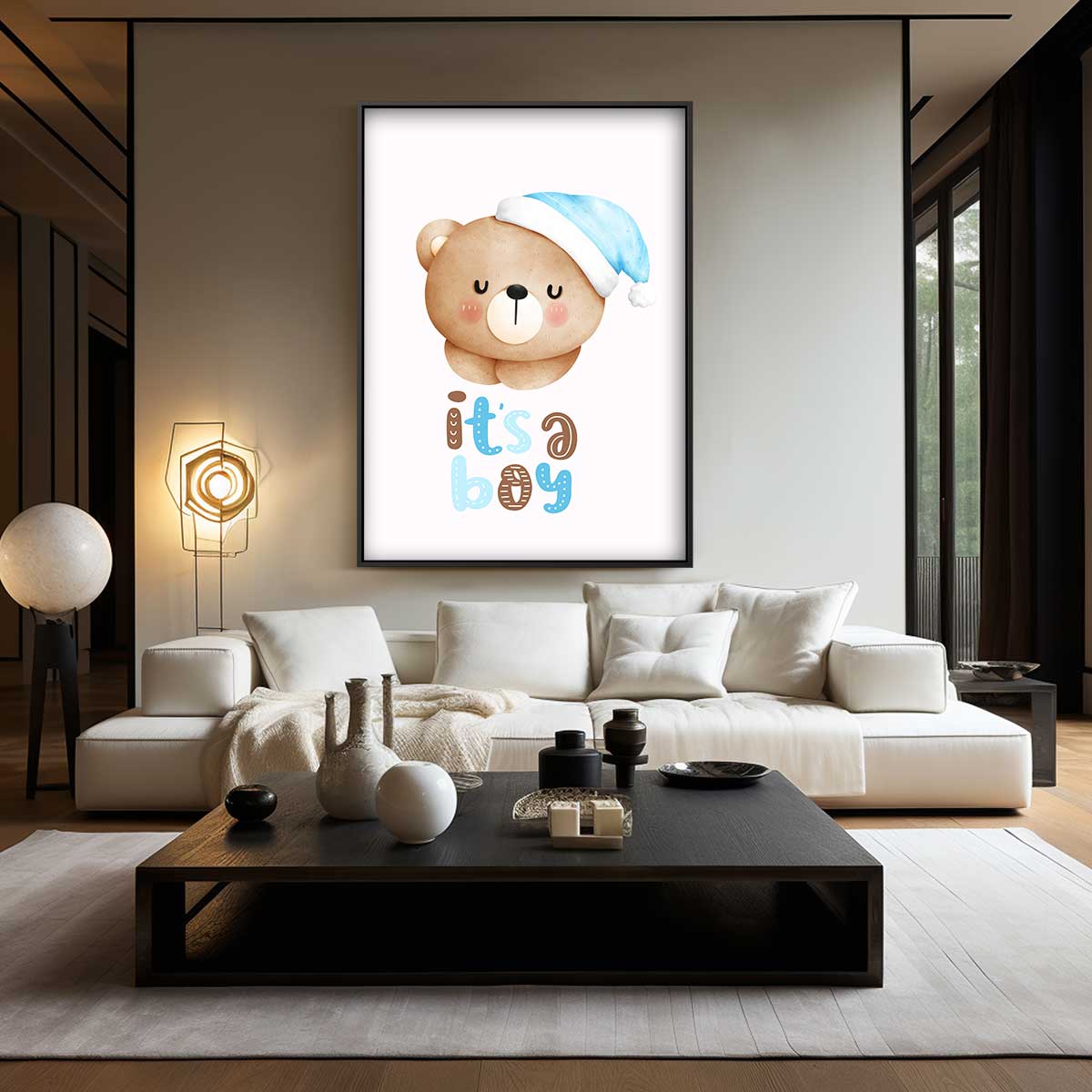 Schattige Beer Met Blauwe Muts – canvas wanddecoratie in portret formaat
